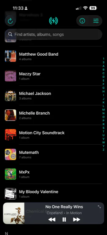 Casto iOS app browsing a personal music library